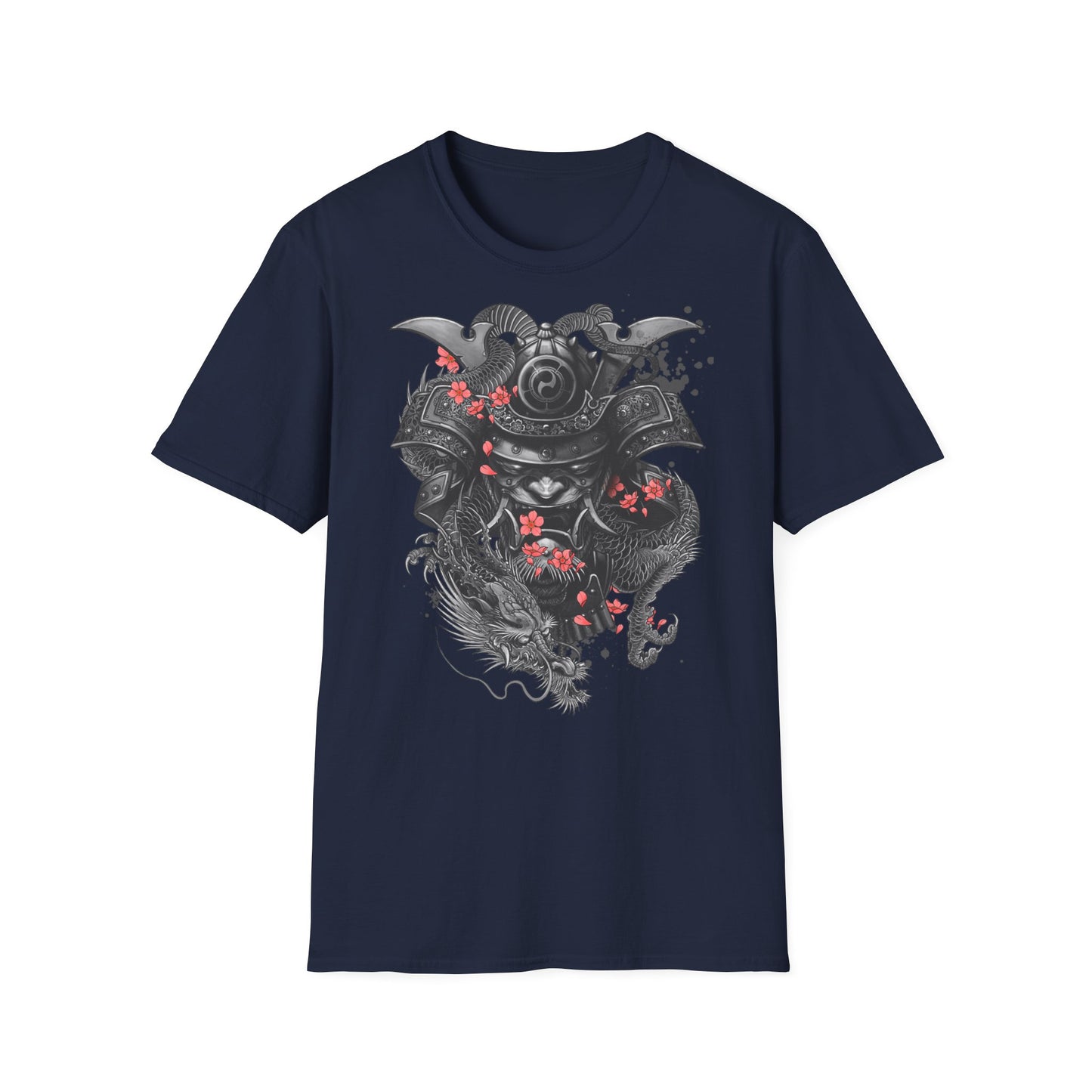 Samurai Helmet T‑Shirt — Japanese Warrior Armor with Red Sakura Accents
