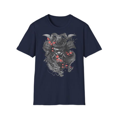 Samurai Helmet T‑Shirt — Japanese Warrior Armor with Red Sakura Accents