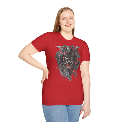 Samurai Helmet T‑Shirt — Japanese Warrior Armor with Red Sakura Accents