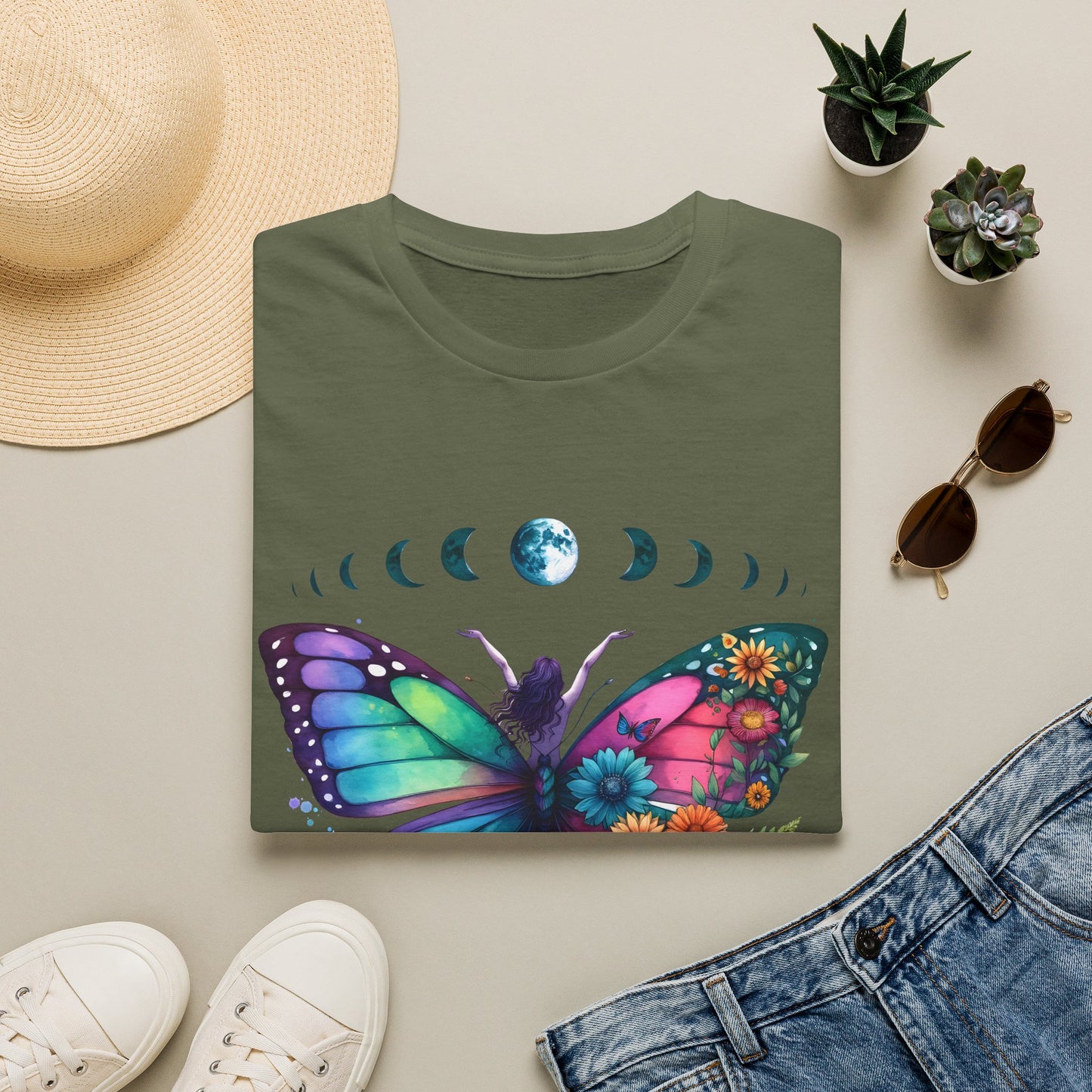 Butterfly Moon Phases T‑Shirt — Colorful Floral Wing Tee