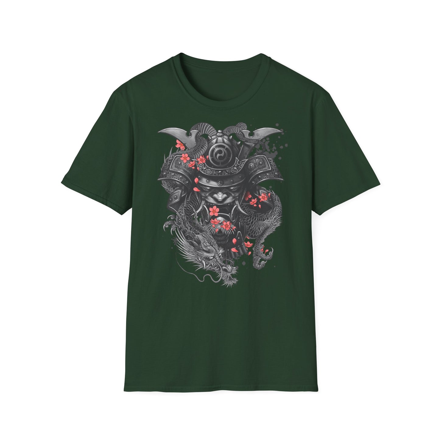 Samurai Helmet T‑Shirt — Japanese Warrior Armor with Red Sakura Accents