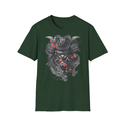 Samurai Helmet T‑Shirt — Japanese Warrior Armor with Red Sakura Accents